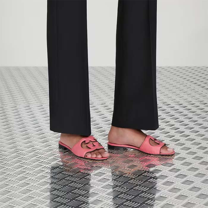 Gucci Women Interlocking G Cut Out Slide Sandal Dark Pink Leather Flat