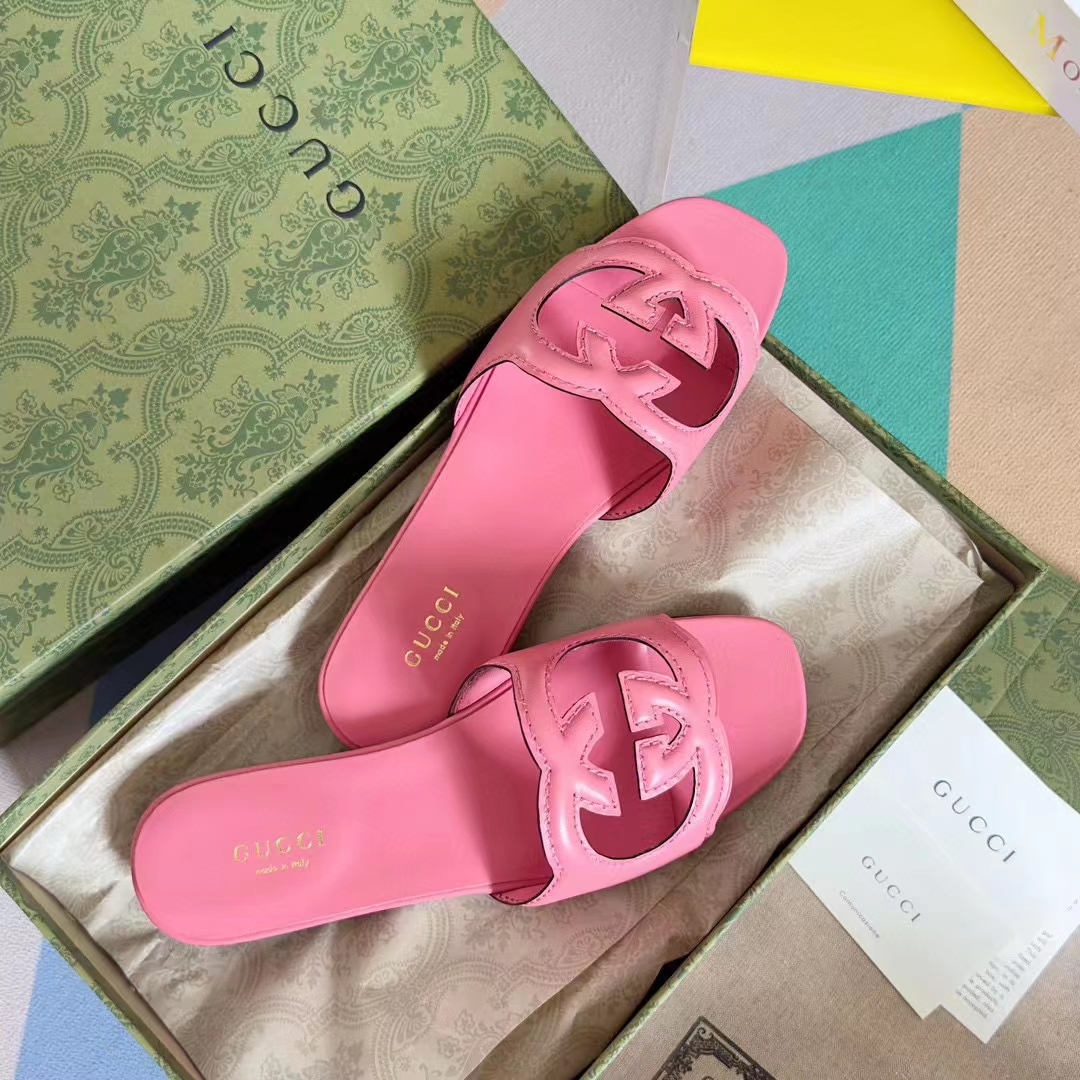 Gucci Women Interlocking G Cut Out Slide Sandal Dark Pink Leather Flat