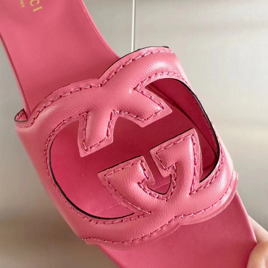 Gucci Women Interlocking G Cut Out Slide Sandal Dark Pink Leather Flat