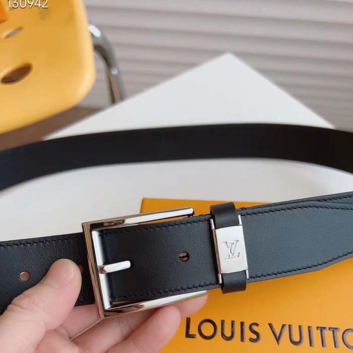 Louis Vuitton LV City Pin 35MM Belt Black Calf Leather Silver-Color Hardware