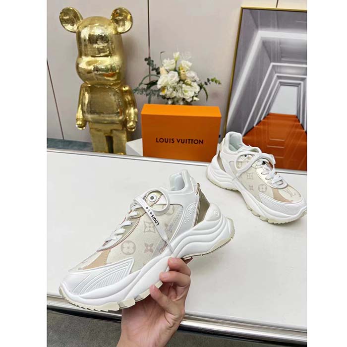 Louis Vuitton LV Unisex Run 55 Sneaker Beige Monogram Denim Lifted Rubber Outsole