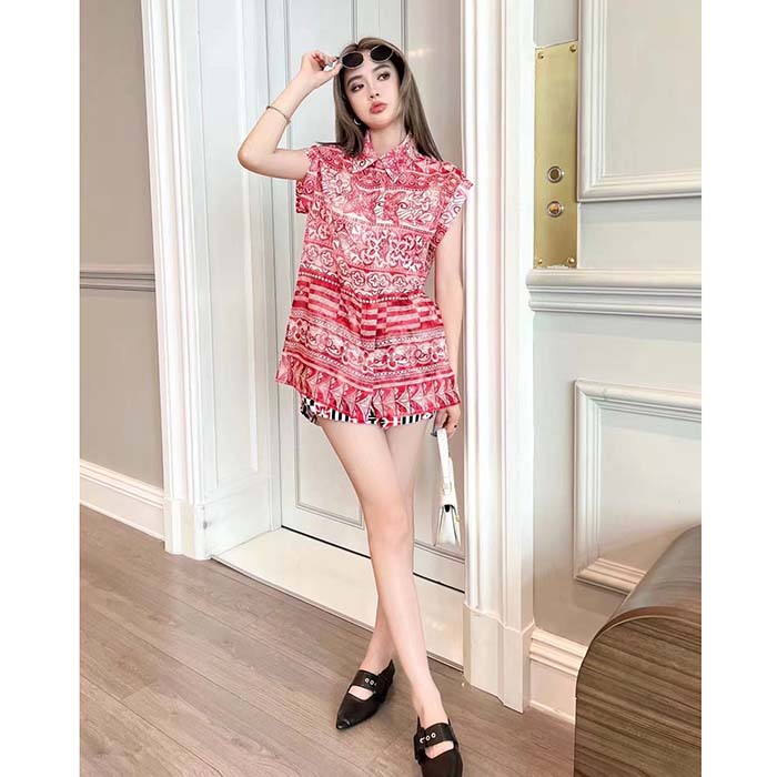Louis Vuitton LV Women Monogram Tile Short Sleeve Shirt Cotton Red White Regular Fit