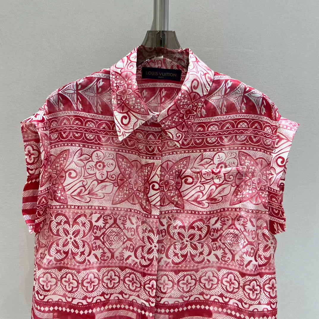 Louis Vuitton LV Men Monogram Tile Short Sleeve Shirt Cotton Red White Regular Fit
