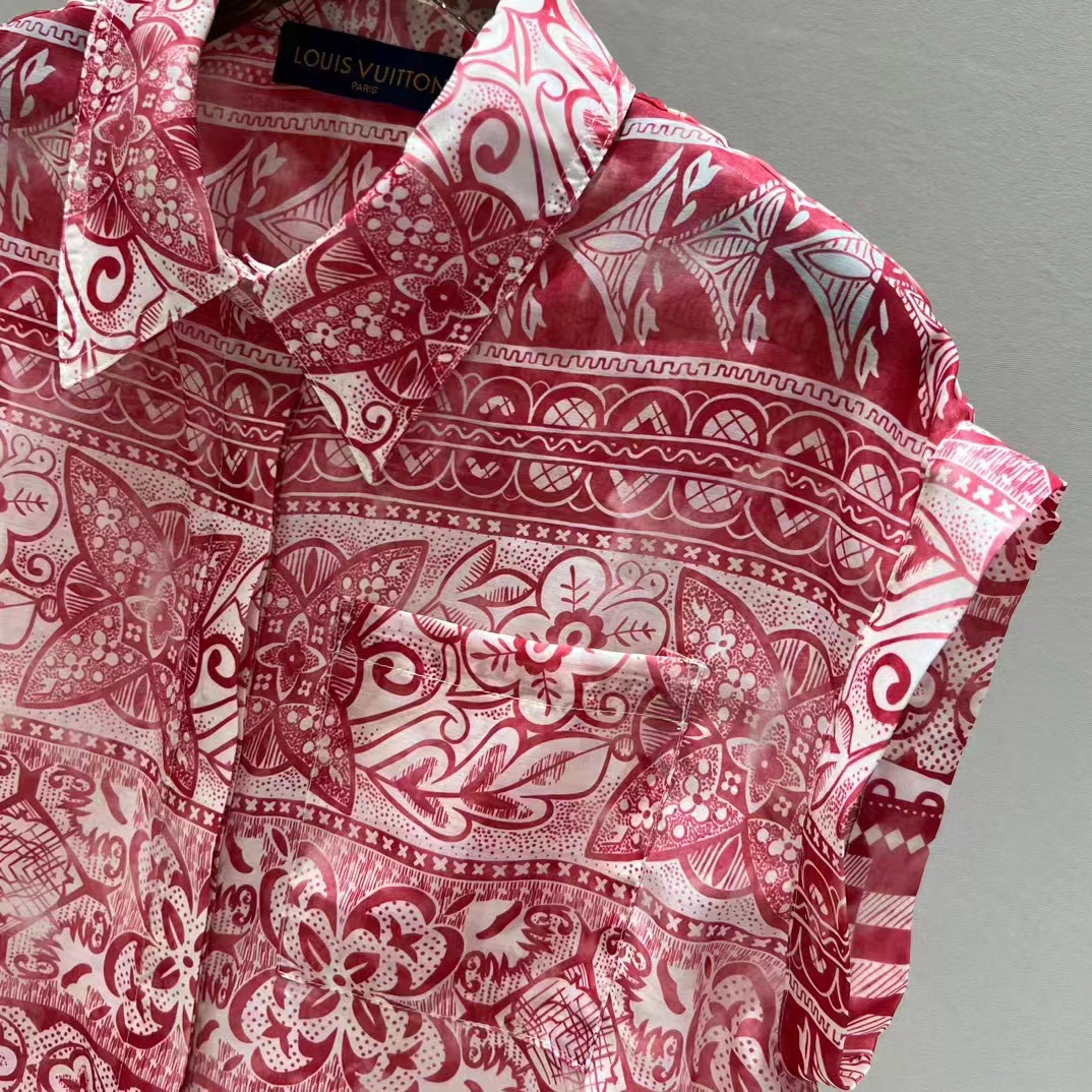 Louis Vuitton LV Men Monogram Tile Short Sleeve Shirt Cotton Red White Regular Fit