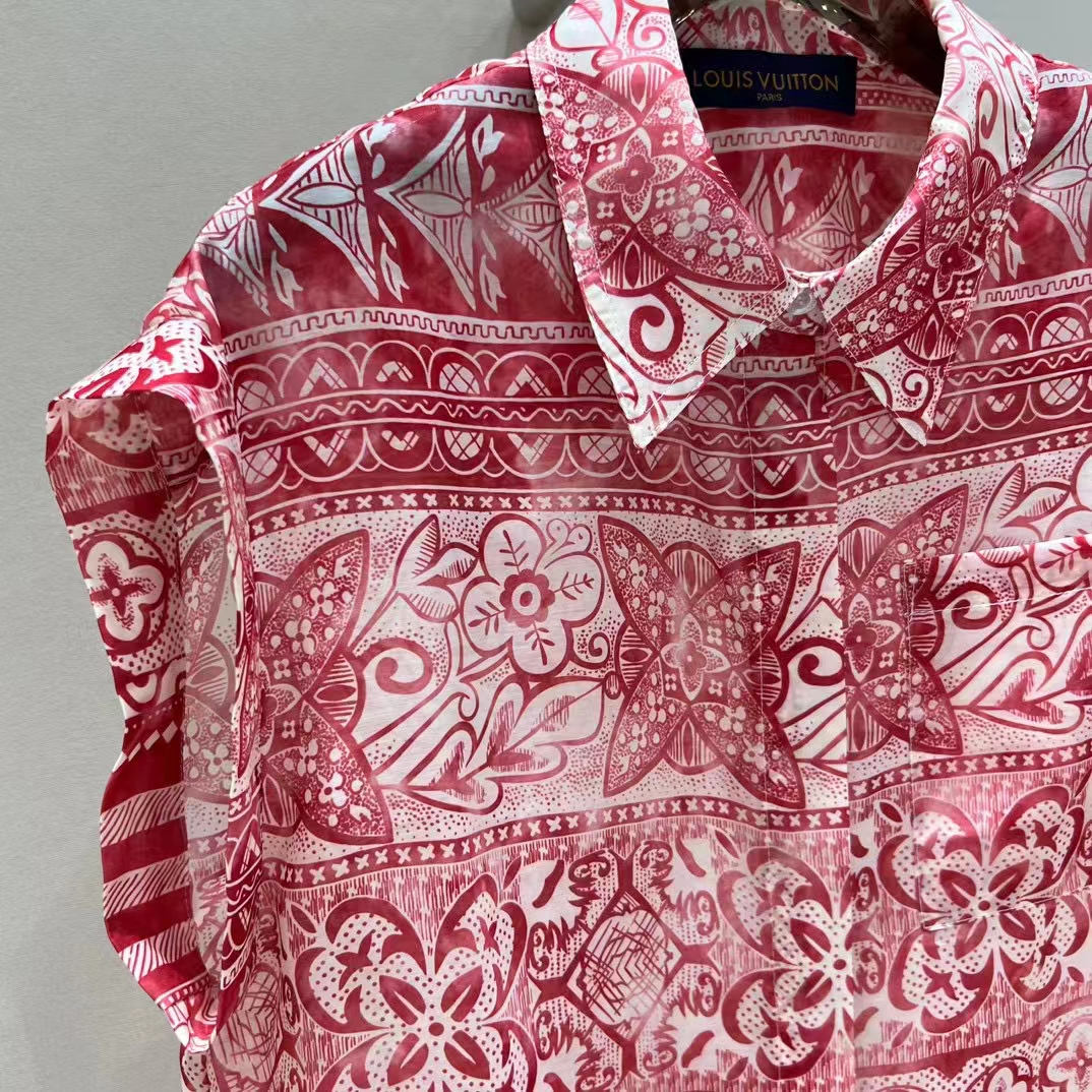 Louis Vuitton LV Men Monogram Tile Short Sleeve Shirt Cotton Red White Regular Fit