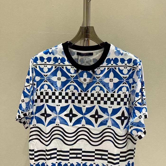 Louis Vuitton LV Men Monogram Tile T-Shirt Cotton Blue White Regular Fit