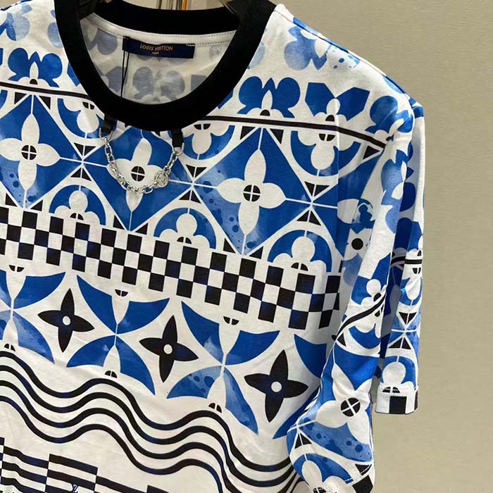 Louis Vuitton LV Men Monogram Tile T-Shirt Cotton Blue White Regular Fit