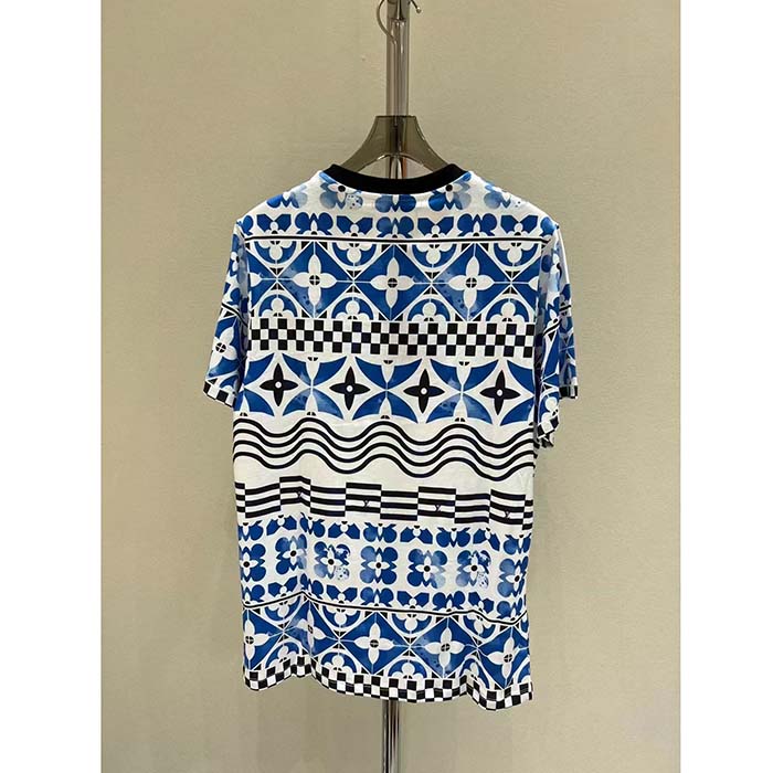 Louis Vuitton LV Men Monogram Tile T-Shirt Cotton Blue White Regular Fit