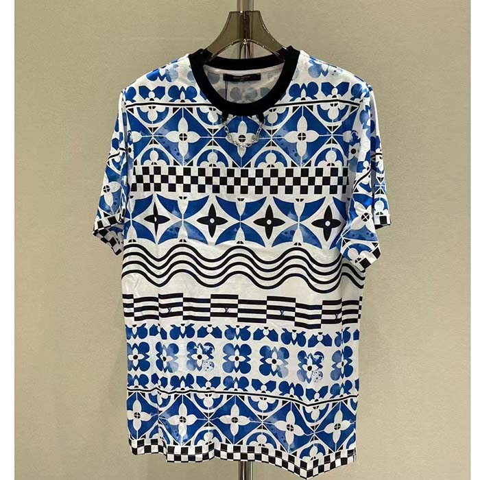 Louis Vuitton LV Men Monogram Tile T-Shirt Cotton Blue White Regular Fit