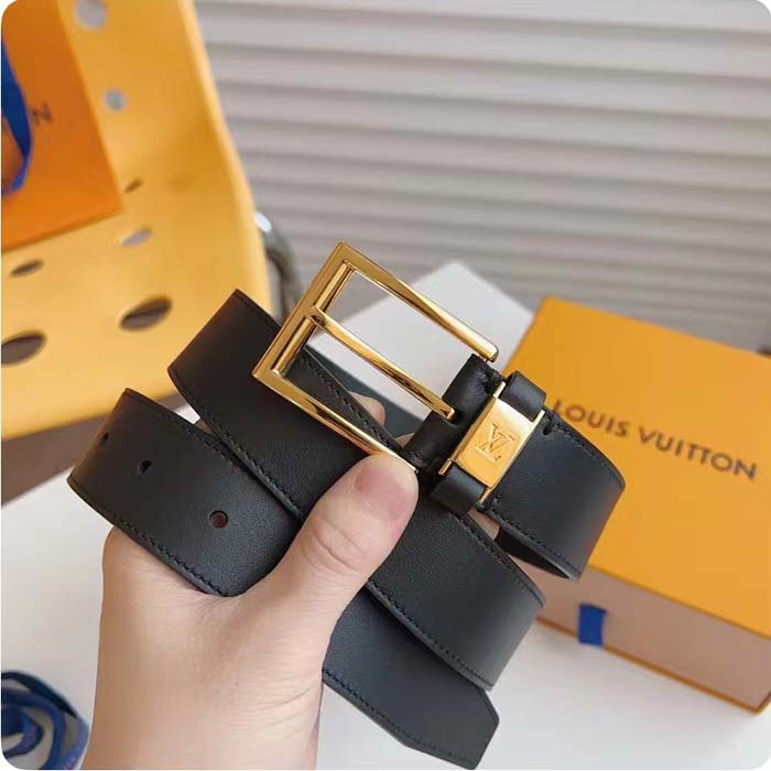 Louis Vuitton Unisex LV City Pin 35MM Belt Black Calf Leather Gold-Color Hardware