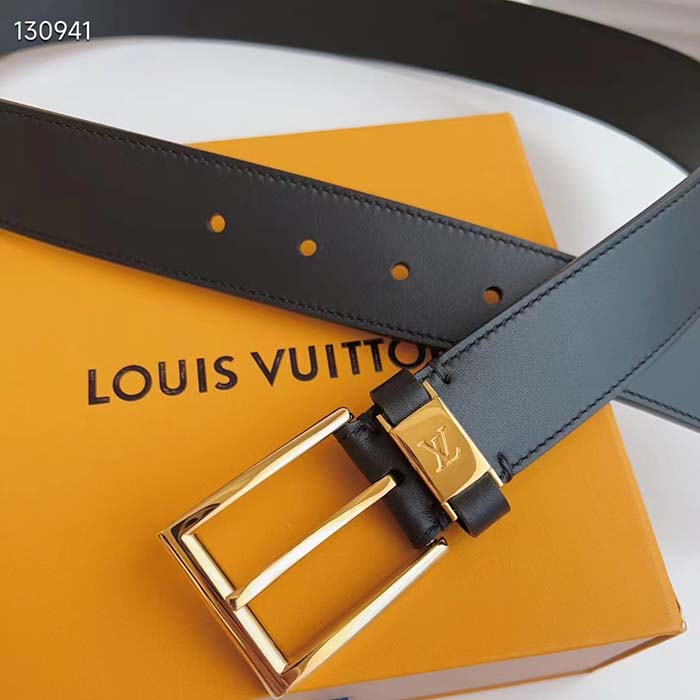 Louis Vuitton Unisex LV City Pin 35MM Belt Black Calf Leather Gold-Color Hardware