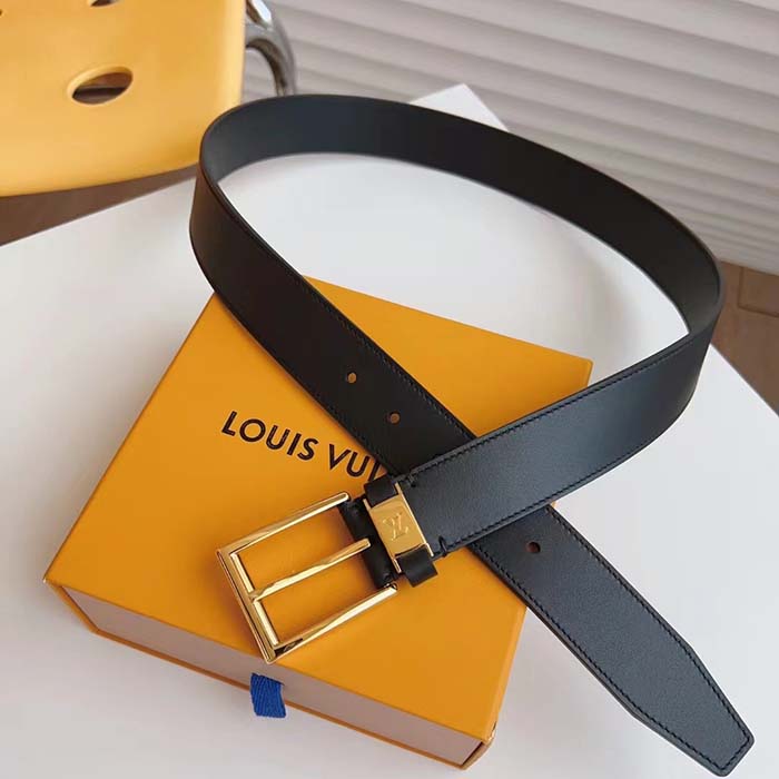 Louis Vuitton Unisex LV City Pin 35MM Belt Black Calf Leather Gold-Color Hardware