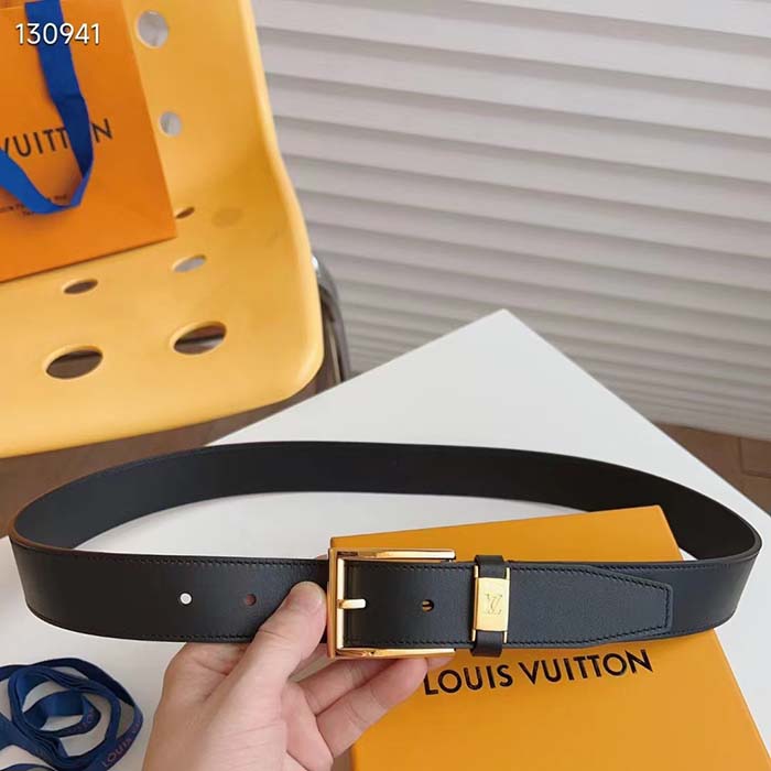 Louis Vuitton Unisex LV City Pin 35MM Belt Black Calf Leather Gold-Color Hardware