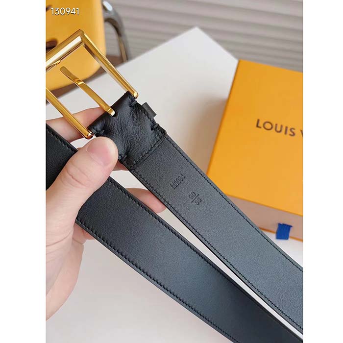 Louis Vuitton Unisex LV City Pin 35MM Belt Black Calf Leather Gold-Color Hardware