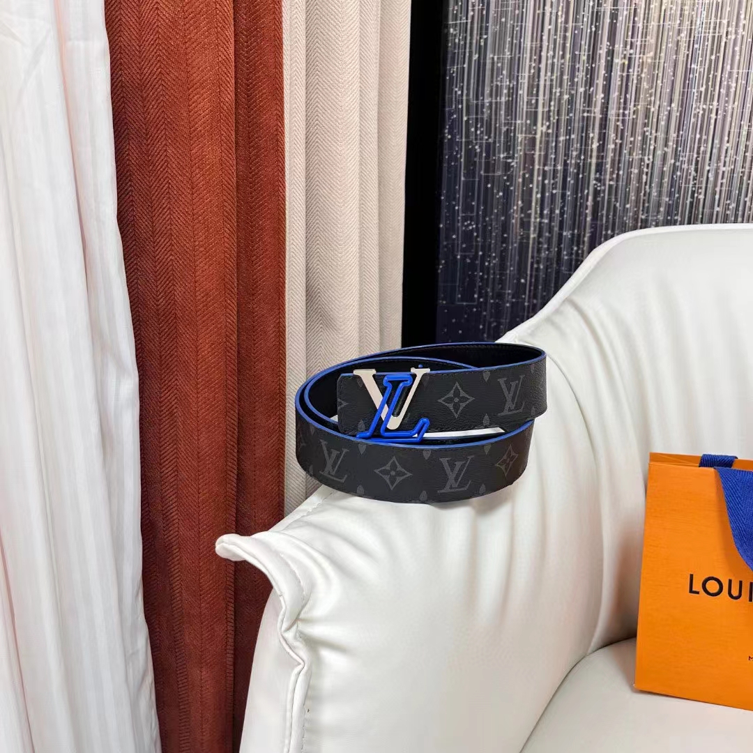 Louis Vuitton Unisex LV Line 40mm Reversible Belt Blue Monogram Eclipse Noir Coated Canvas