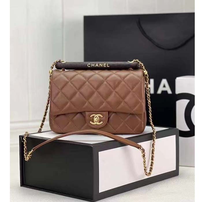 Chanel CC Women Bag Wooden Handle Calfskin Gold-Tone Metal