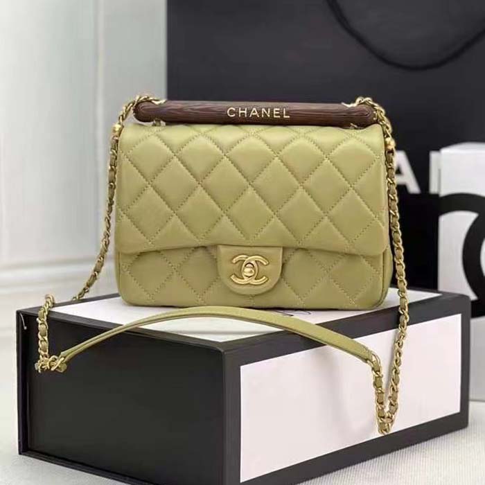 Chanel CC Women Bag Wooden Handle Calfskin Gold-Tone Metal