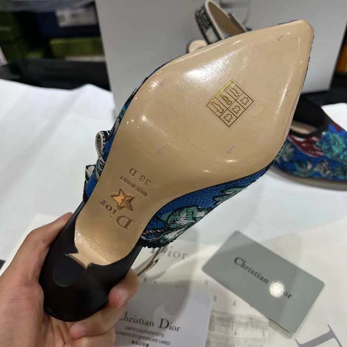Dior CD Women J’Adior Slingback Pump Cobalt Blue Multicolor Embroidered Cotton Toile De Jouy Voyage