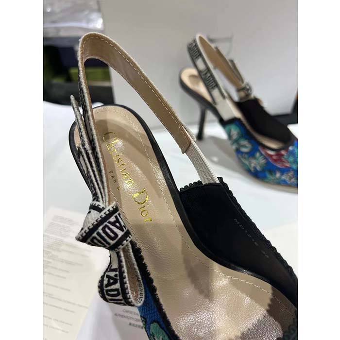 Dior CD Women J’Adior Slingback Pump Cobalt Blue Multicolor Embroidered Cotton Toile De Jouy Voyage