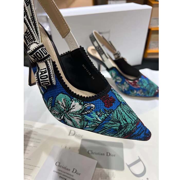 Dior CD Women J’Adior Slingback Pump Cobalt Blue Multicolor Embroidered Cotton Toile De Jouy Voyage
