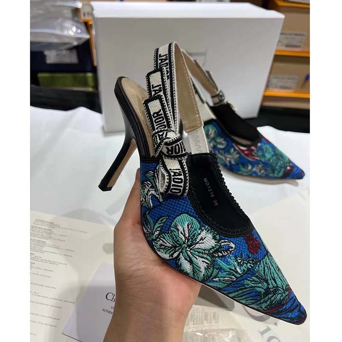 Dior CD Women J’Adior Slingback Pump Cobalt Blue Multicolor Embroidered Cotton Toile De Jouy Voyage