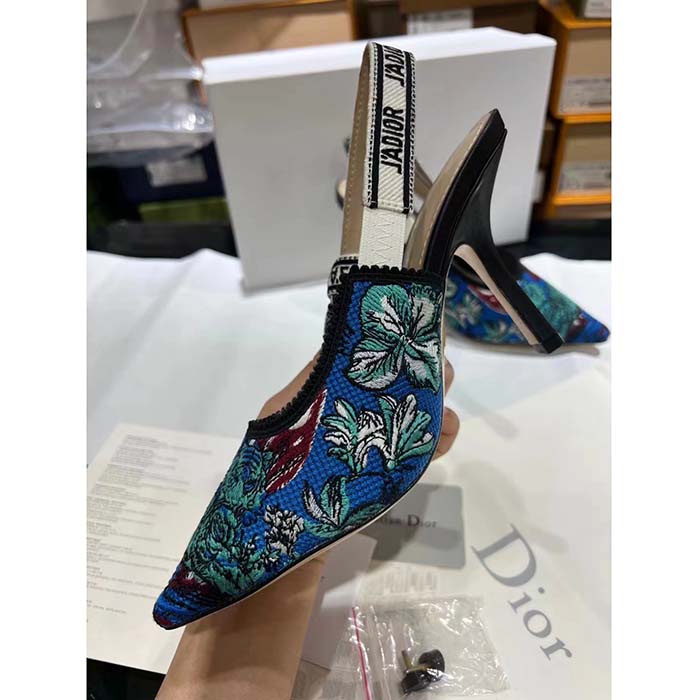 Dior CD Women J’Adior Slingback Pump Cobalt Blue Multicolor Embroidered Cotton Toile De Jouy Voyage