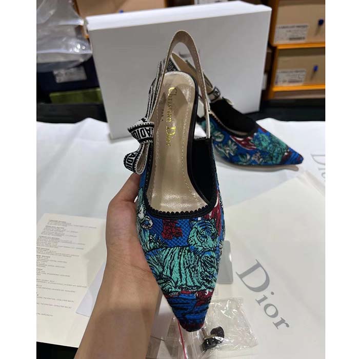 Dior CD Women J’Adior Slingback Pump Cobalt Blue Multicolor Embroidered Cotton Toile De Jouy Voyage