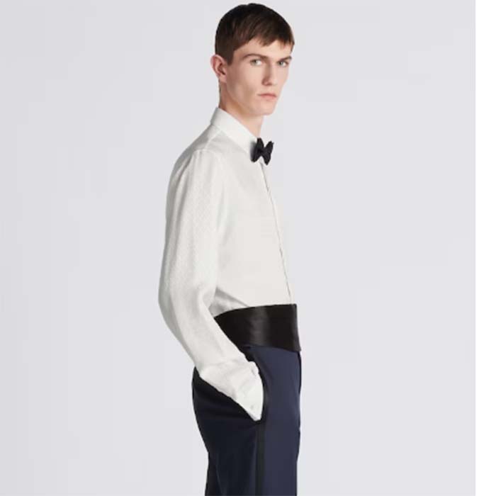Dior Men CD Diamond Shirt White Silk-Blend Jacquard All-Over Shirttail Hem Viscose Silk