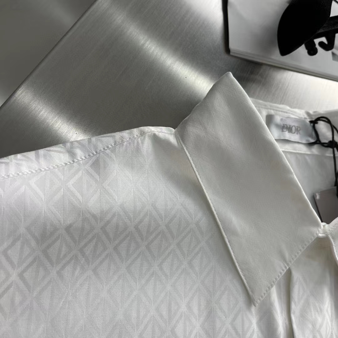 Dior Women CD Diamond Shirt White Silk-Blend Jacquard All-Over Shirttail Hem Viscose Silk