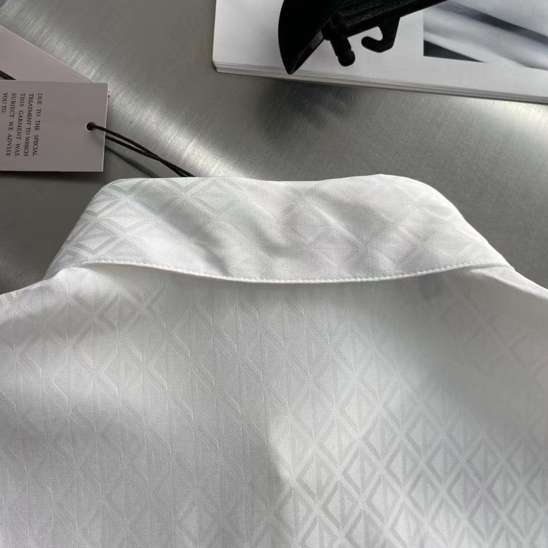 Dior Men CD Diamond Shirt White Silk-Blend Jacquard All-Over Shirttail Hem Viscose Silk