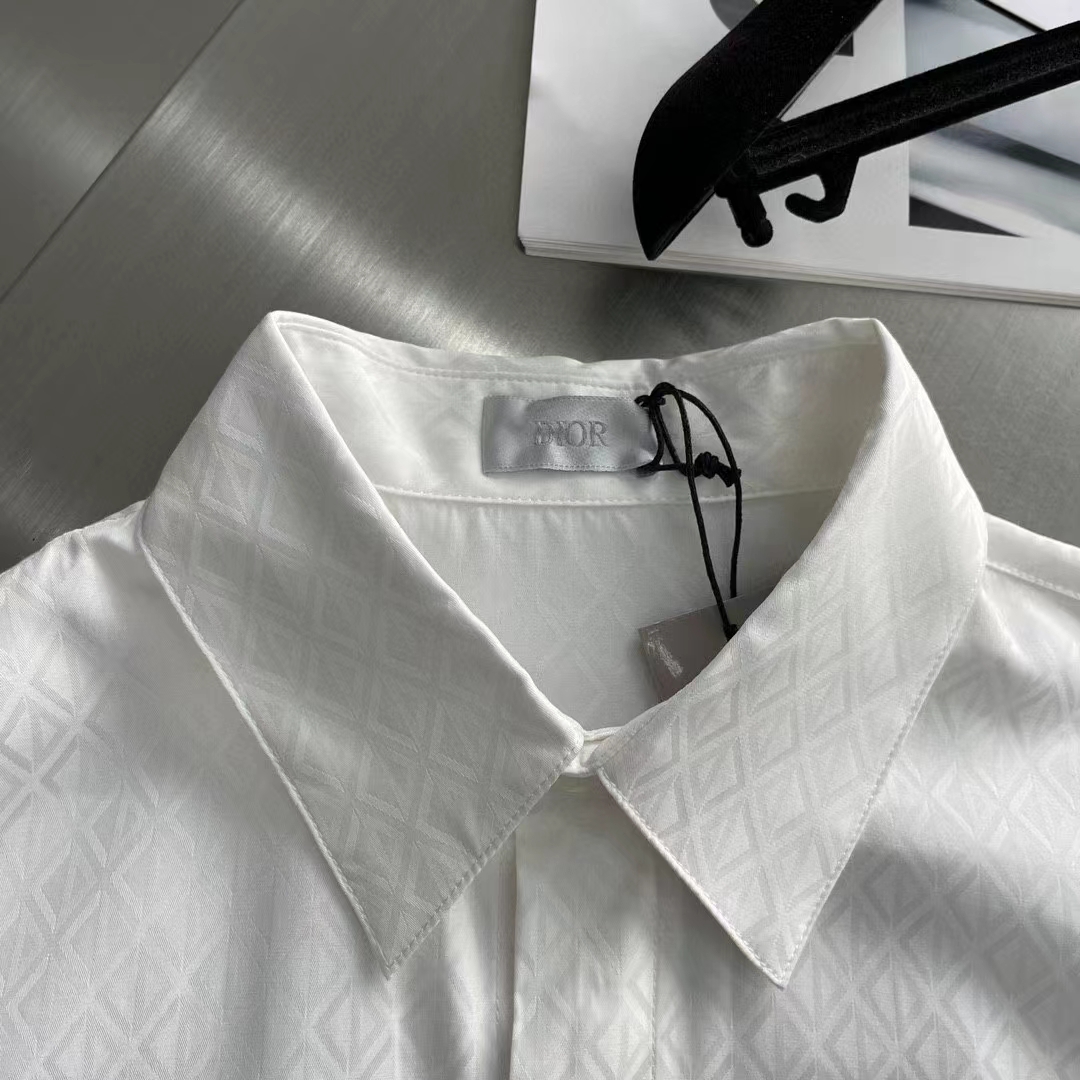 Dior Women CD Diamond Shirt White Silk-Blend Jacquard All-Over Shirttail Hem Viscose Silk