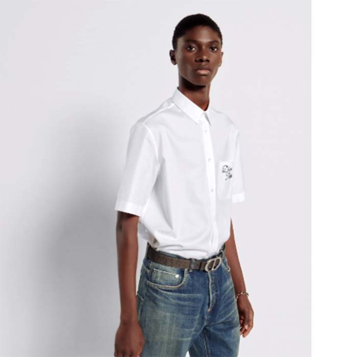 Dior Men CD Diamond Tears Short-Sleeved Shirt White Cotton Piqué Cotton Straight Hem Side Vents