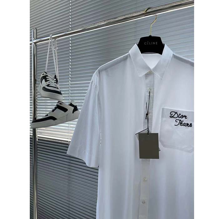 Dior Women CD Diamond Tears Short-Sleeved Shirt White Cotton Piqué Cotton Straight Hem Side Vents