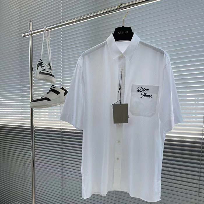 Dior Women CD Diamond Tears Short-Sleeved Shirt White Cotton Piqué Cotton Straight Hem Side Vents