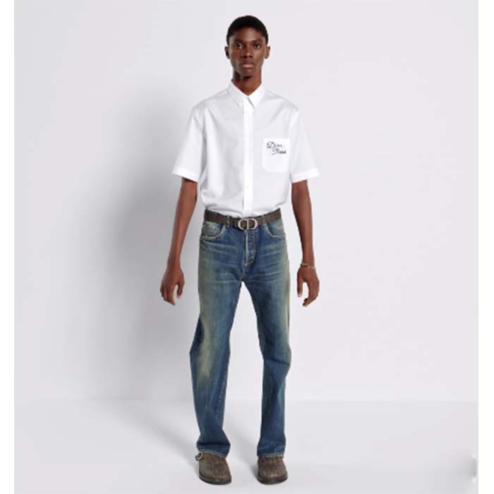 Dior Men CD Diamond Tears Short-Sleeved Shirt White Cotton Piqué Cotton Straight Hem Side Vents