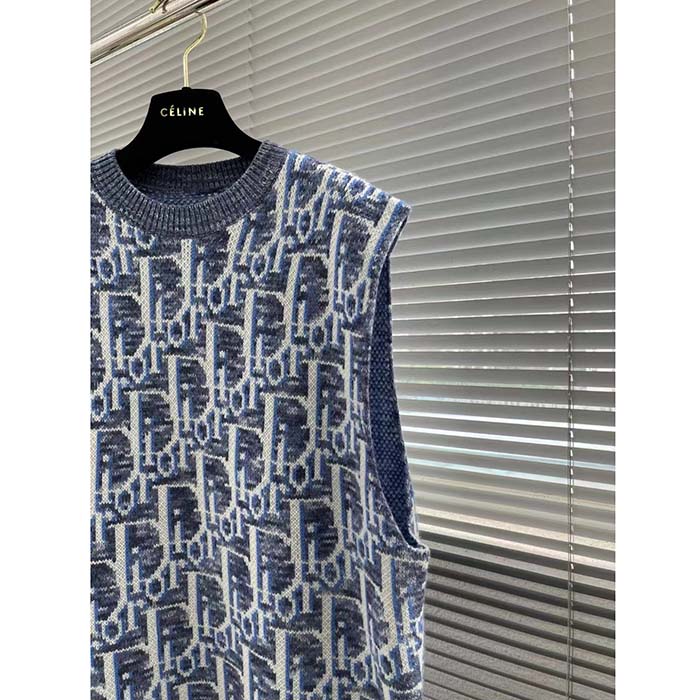 Dior Men CD Dior Oblique Sleeveless Sweater Blue Wool Jacquard Ribbed Round Neck Hem