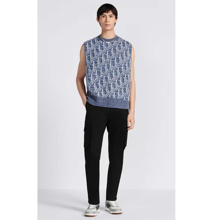 Dior Men CD Dior Oblique Sleeveless Sweater Blue Wool Jacquard Ribbed Round Neck Hem