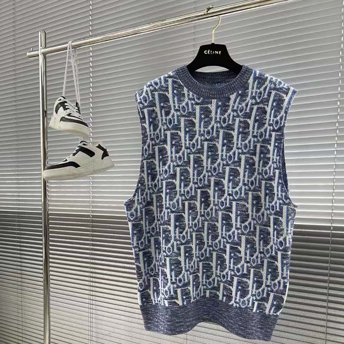 Dior Men CD Dior Oblique Sleeveless Sweater Blue Wool Jacquard Ribbed Round Neck Hem