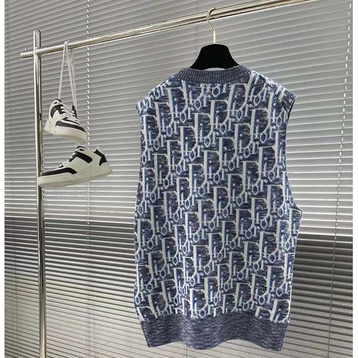 Dior Men CD Dior Oblique Sleeveless Sweater Blue Wool Jacquard Ribbed Round Neck Hem