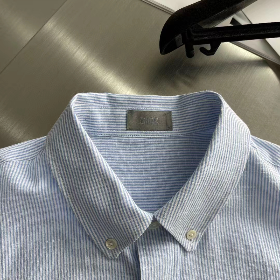Dior Men CD Dior Tears Shirt Blue Striped Cotton Oxford Straight Hem Side Vents Cotton