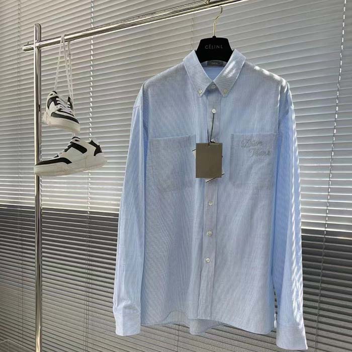 Dior Women CD Dior Tears Shirt Blue Striped Cotton Oxford Straight Hem Side Vents Cotton