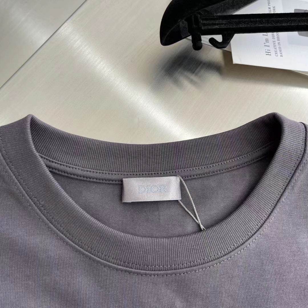 Dior Men CD Relaxed-Fit T-Shirt Gray Slub Cotton Jersey Ribbed Crew Neck