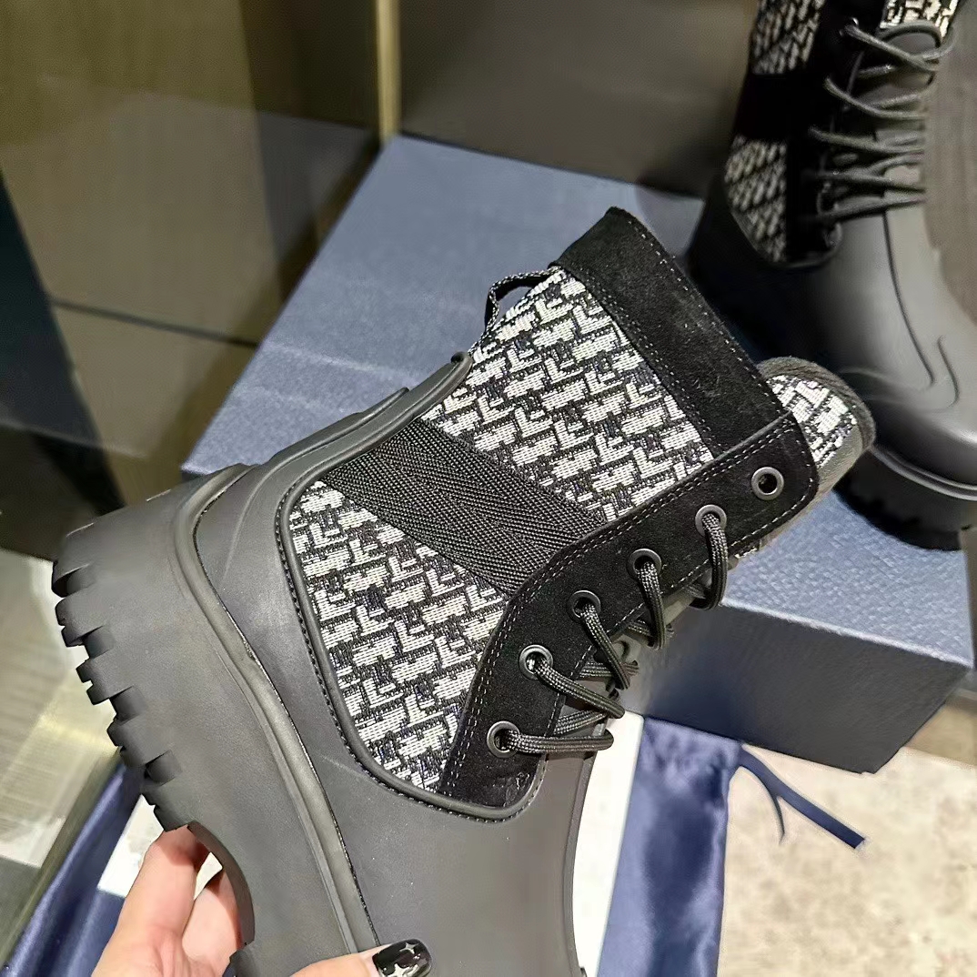 Dior Unisex CD Dior Garden Ankle Boot Beige Black Oblique Jacquard Black Rubber