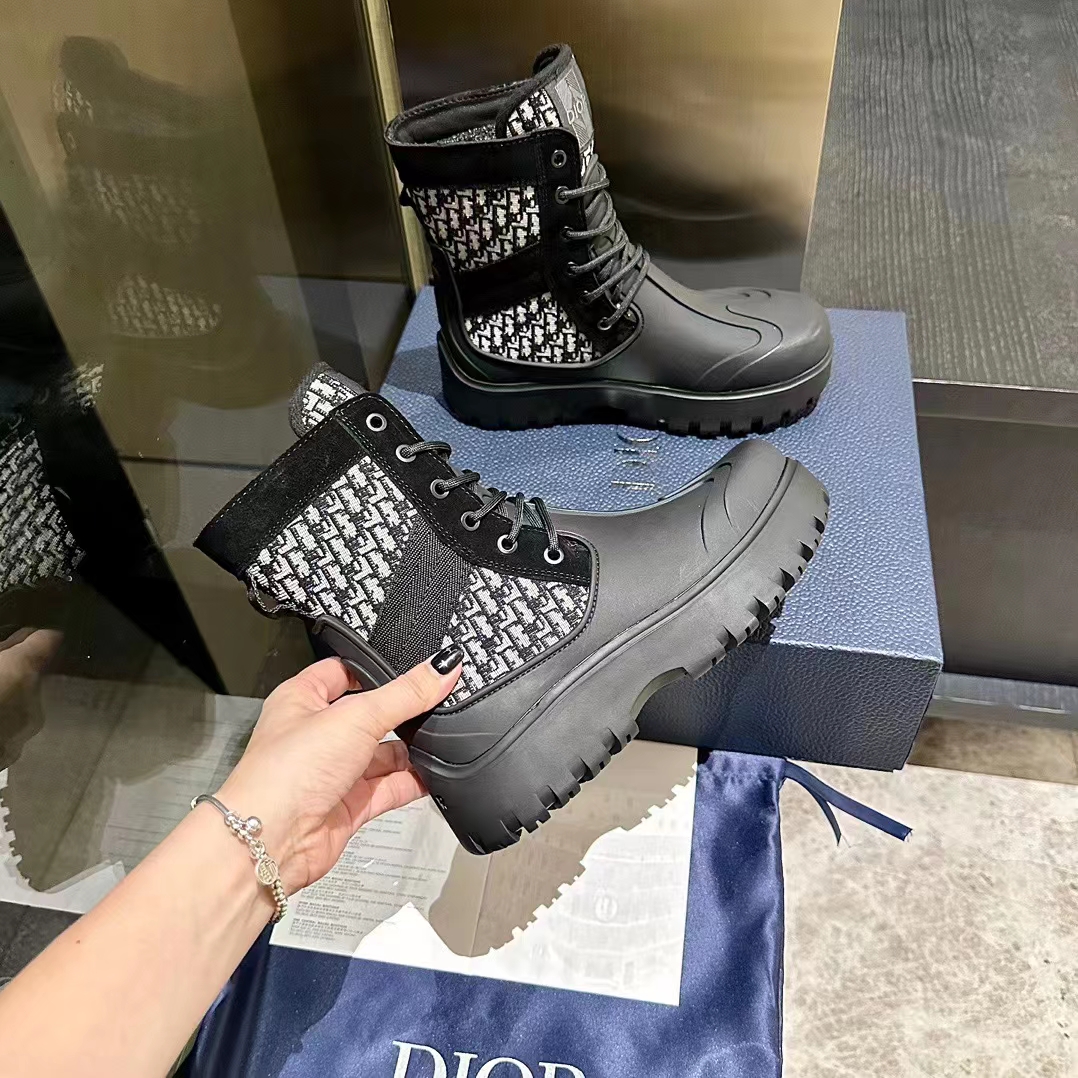 Dior Unisex CD Dior Garden Ankle Boot Beige Black Oblique Jacquard Black Rubber