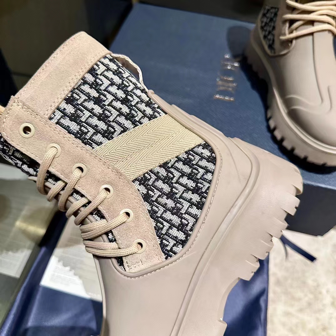 Dior Unisex CD Dior Garden Lace-Up Boot Beige Black Oblique Jacquard Brown Rubber