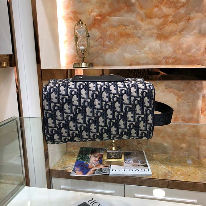 Dior Unisex CD Dior Lingot Toiletry Case Beige Black Oblique Jacquard Grained Calfskin