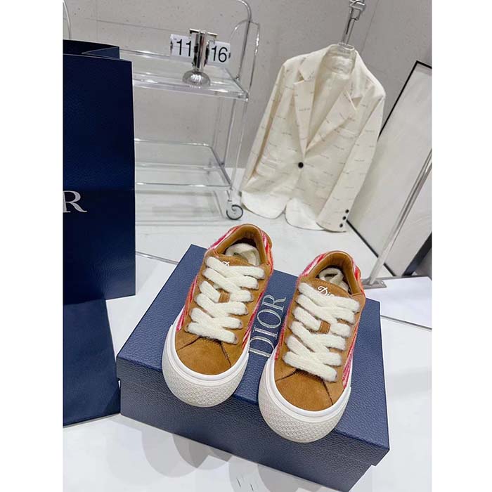 Dior Unisex CD Dior Tears B33 Sneaker Red Multicolor Mohair Brown Suede