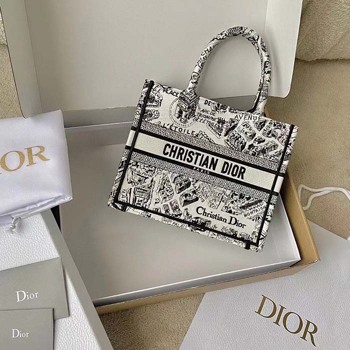 Dior Unisex CD Medium Book Tote White Black Plan De Paris Embroidery