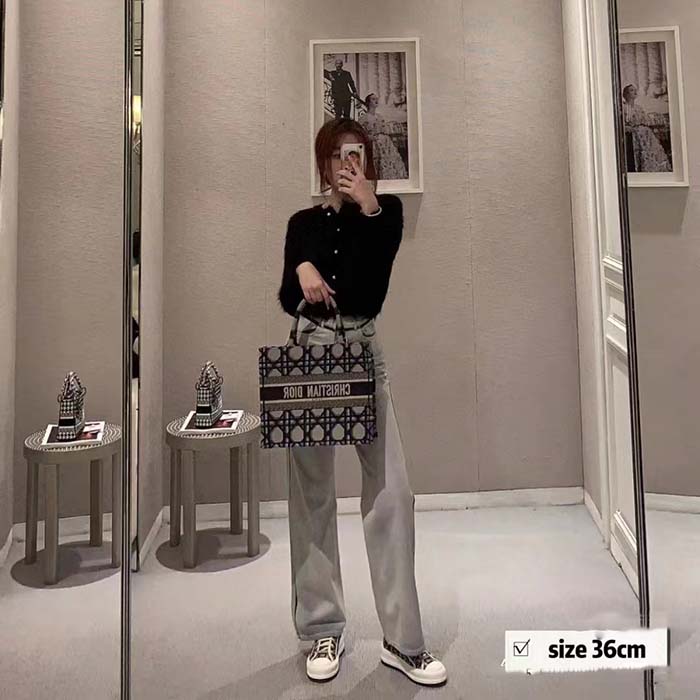 Dior Unisex CD Medium Dior Book Tote Beige Blue Macrocannage Embroidery