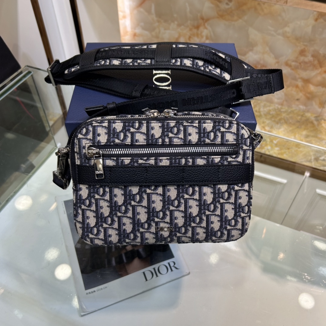 Dior Unisex CD Mini Safari Bag Strap Beige Black Dior Oblique Jacquard